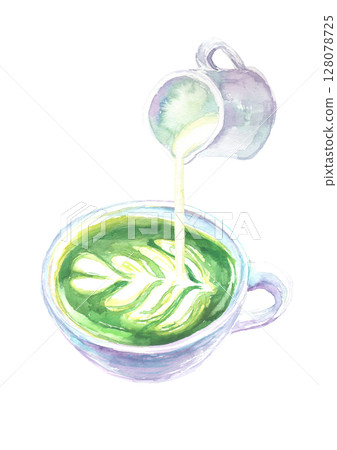 Watercolor illustration of matcha latte - beautiful green Japanese drink 128078725