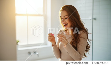 A pregnant woman holding a pregnancy test with a joyful expression. The concept of early motherhood, new beginnings, and the emotional moment of discovering pregnancy. Generative AI. A pregnant woman holding a pregnancy test with a joyful expression. The concept of early motherhood, new beginnings, and the emotional moment of discovering pregnancy. Generative AI. 128079088