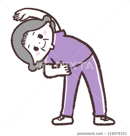 Illustration of a senior woman doing exercises bending her body sideways Illustration of a senior woman doing exercises bending her body sideways 128079101