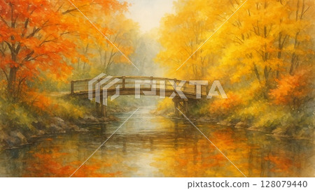 A mountain stream reflecting autumn leaves and a quiet wooden bridge 128079440
