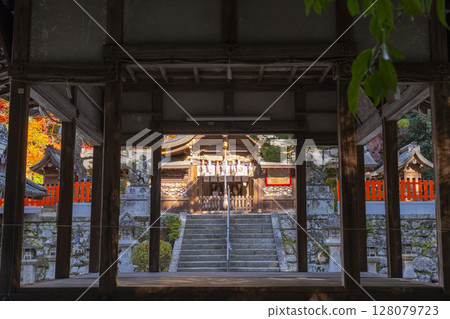 Autumn in Kyoto, Sagimori Shrine, the worship hall seen from the dance hall Autumn in Kyoto, Sagimori Shrine, the worship hall seen from the dance hall 128079723