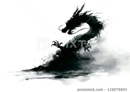 A sumi-e style illustration of a dragon on a cloud 128079893