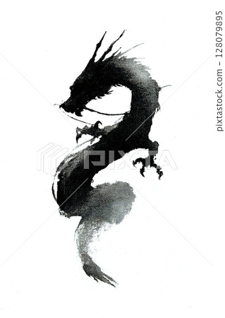 A hand-drawn illustration of a dragon with ink on a brush character 128079895