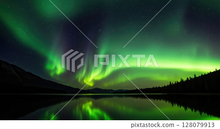 Aurora Borealis Northern Lights Over Still Mountain Lake Reflection 128079913