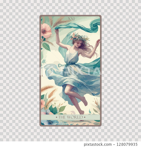 A watercolor Tarot card 'The World'.Tarot card colorful deck. Major arcana set part . Occult and alchemy symbolism. 128079935