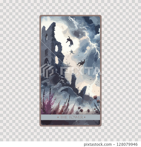 A watercolor Tarot card 'The Tower'.Tarot card colorful deck. Major arcana set part . Occult and alchemy symbolism. 128079946