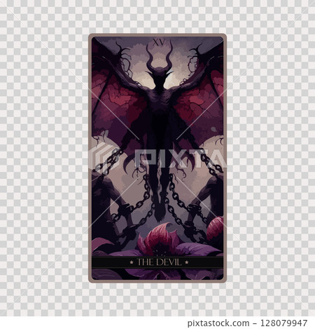 A watercolor Tarot card 'The Devil'.Tarot card colorful deck. Major arcana set part . Occult and alchemy symbolism. 128079947