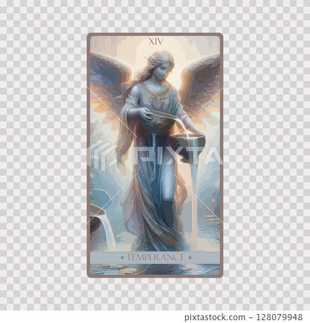 A watercolor Tarot card 'Temperance'.Tarot card colorful deck. Major arcana set part . Occult and alchemy symbolism. A watercolor Tarot card 'Temperance'.Tarot card colorful deck. Major arcana set part . Occult and alchemy symbolism. 128079948