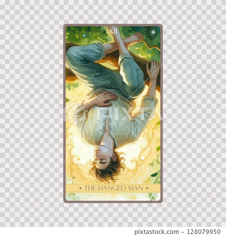 A watercolor Tarot card 'The Hanged Man'.Tarot card colorful deck. Major arcana set part . Occult and alchemy symbolism. A watercolor Tarot card 'The Hanged Man'.Tarot card colorful deck. Major arcana set part . Occult and alchemy symbolism. 128079950