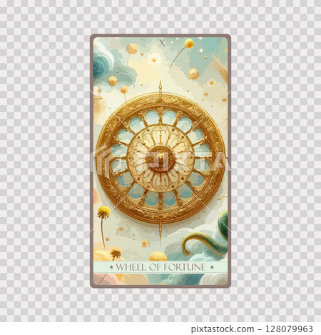 A watercolor Tarot card 'Wheel of Fortune'.Tarot card colorful deck. Major arcana set part . Occult and alchemy symbolism. 128079963