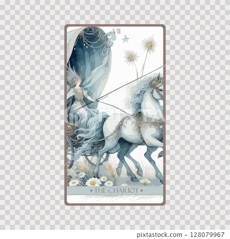 A watercolor Tarot card 'The Chariot'.Tarot card colorful deck. Major arcana set part . Occult and alchemy symbolism. 128079967