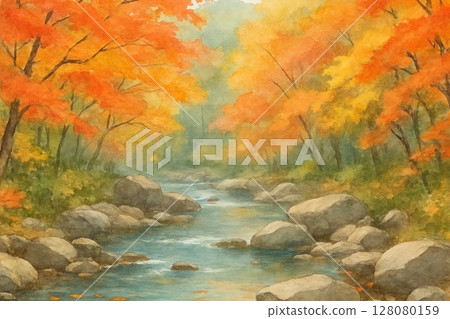 Autumn mountain stream and rocky landscape with autumn leaves 128080159
