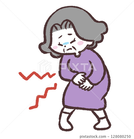 Illustration of a senior woman with a stomach ache 128080250