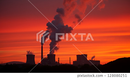 A scene symbolizing industrial landscape and global warming 128080251