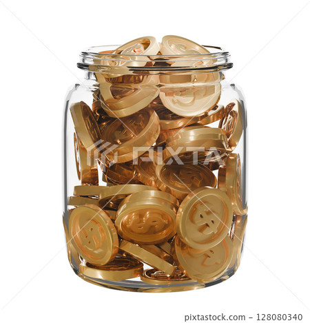 A transparent glass jar filled with coins. spare change concept, Savings, budgeting, financial growth, or collecting A transparent glass jar filled with coins. spare change concept, Savings, budgeting, financial growth, or collecting 128080340