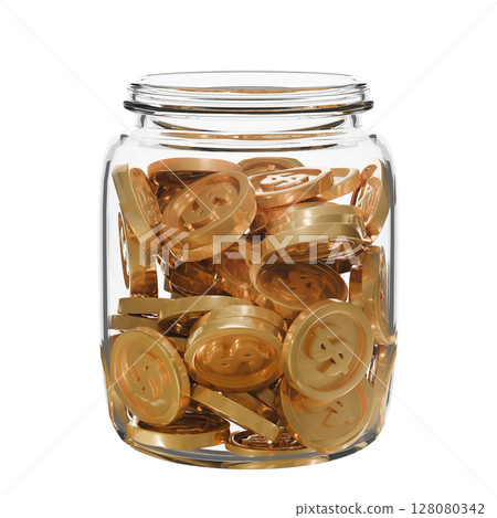 A transparent glass jar filled with coins. spare change concept, Savings, budgeting, financial growth, or collecting 128080342