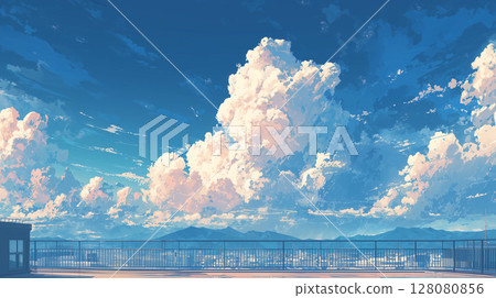 Summer sky and cumulus clouds viewed from the rooftop 128080856