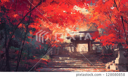 秋日陽光下閃耀的日本寺廟或神社的入口 128080858