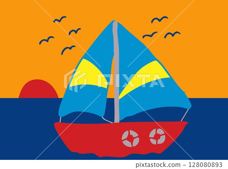 A simple, hand-drawn illustration of a red sailboat with blue and yellow sails on dark blue water, against an orange sunset sky with a red sun and black birds. 128080893