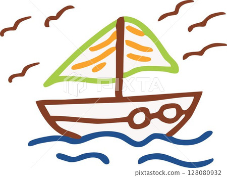 A whimsical, hand-drawn illustration of a brown sailboat with green and orange sails on blue waves, with brown flying birds in the white sky. 128080932