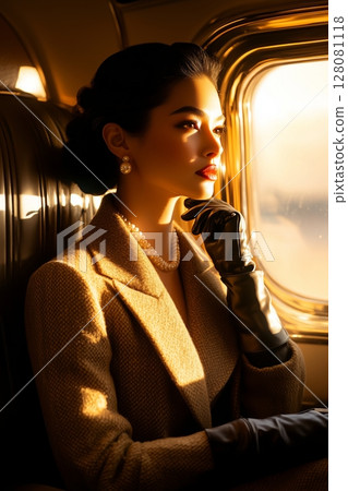 Elegant Asian woman positioned gracefully near train window, gentle sunlight softly outlines thoughtful expression, pearls gleam subtly against dark refined clothing, vintage refinement emphasized. 128081118