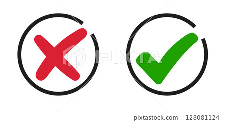 Green check mark, red cross mark icon set. 128081124