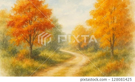 Autumn scenery with tree-lined streets and fallen leaves Autumn scenery with tree-lined streets and fallen leaves 128081425