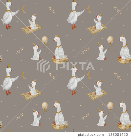 Seamless pattern geese dad mom baby catches stars moon. Watercolor illustration goose hand drawn in children's style on dark brown background for the design of textiles, fabrics, packaging, clothes Seamless pattern geese dad mom baby catches stars moon. Watercolor illustration goose hand drawn in children's style on dark brown background for the design of textiles, fabrics, packaging, clothes 128081430