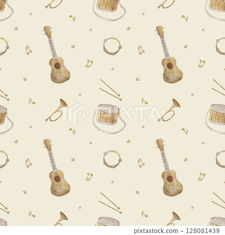 Watercolor pattern musical instruments, guitar, drum, trumpet notes. Illustration hand drawn in children's style. Seamless print beige background for textile design, fabric, wallpaper, packaging 128081439