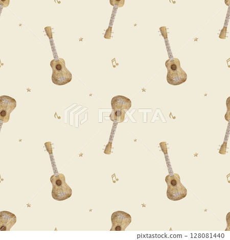 Pattern vintage guitar, balalaika, stars notes beige, watercolor illustration hand drawn. Seamless print in children's style on beige background textile, fabric, wallpaper nursery packaging clothes 128081440