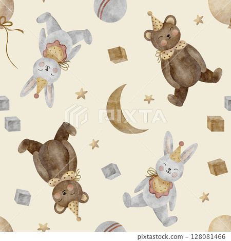 Pattern watercolor illustration animals hare bear, moon stars, balloon. Vintage toys hand drawn in children's style. Seamless print on beige background for textile design, fabric, packaging clothes Pattern watercolor illustration animals hare bear, moon stars, balloon. Vintage toys hand drawn in children's style. Seamless print on beige background for textile design, fabric, packaging clothes 128081466
