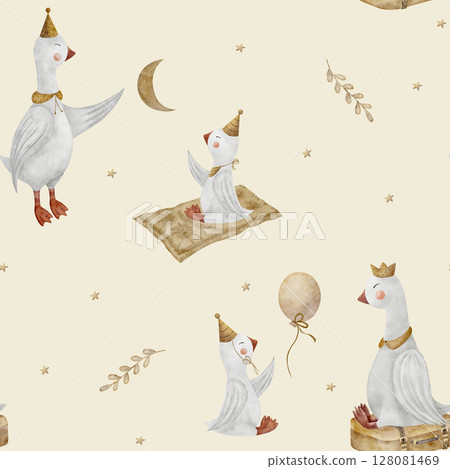 Pattern watercolor illustration geese family, baby catches the stars moon. Goose drawn in vintage style. Seamless print on a beige background for textile design, fabric, clothing packaging, printing Pattern watercolor illustration geese family, baby catches the stars moon. Goose drawn in vintage style. Seamless print on a beige background for textile design, fabric, clothing packaging, printing 128081469