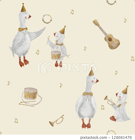 Geese musicians watercolor pattern, notes, musical instruments guitar, drum, trumpet. Hand drawn illustration. Seamless print in children's style beige background for design textiles fabrics wallpaper 128081470