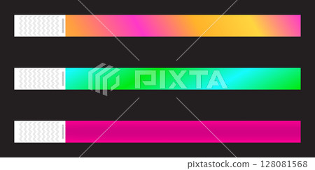 Paper event bracelet mockup. Admission wristband template for festival, concert, cinema, party, disco entrance isolated on transparent background. Patient identification band. Paper event bracelet mockup. Admission wristband template for festival, concert, cinema, party, disco entrance isolated on transparent background. Patient identification band. 128081568