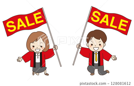 身穿法被、手持「SALE」旗幟的男女上班族 128081612