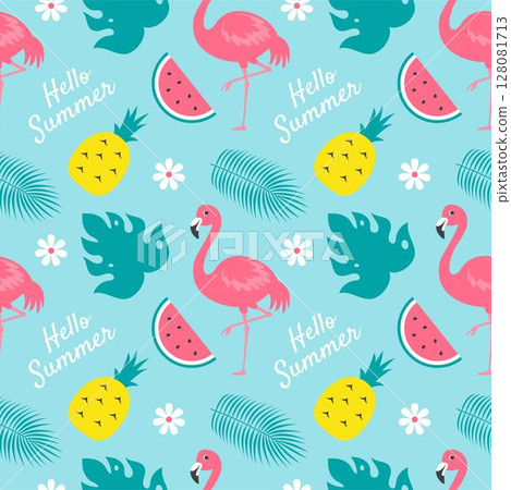 Tropical Summer Seamless Pattern with Beach Elements in Cartoon Flat Style Illustration 128081713