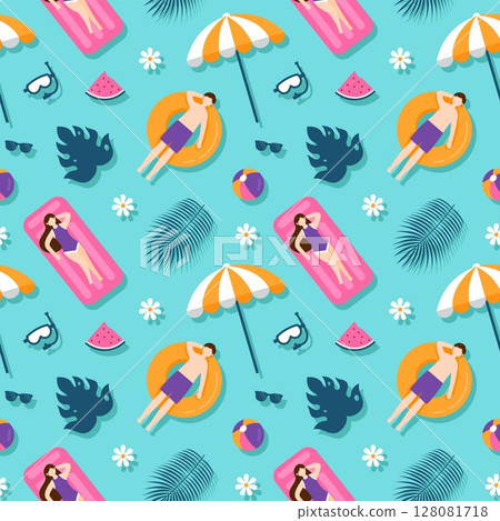 Tropical Summer Seamless Pattern with Beach Elements in Cartoon Flat Style Illustration Tropical Summer Seamless Pattern with Beach Elements in Cartoon Flat Style Illustration 128081718