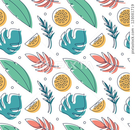 Tropical Summer Seamless Pattern with Beach Elements in Cartoon Flat Style Illustration Tropical Summer Seamless Pattern with Beach Elements in Cartoon Flat Style Illustration 128081719