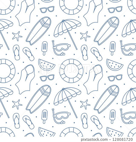 Tropical Summer Seamless Pattern with Beach Elements in Cartoon Flat Style Illustration 128081720