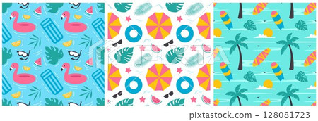 Tropical Summer Seamless Pattern with Beach Elements in Cartoon Flat Style Illustration 128081723