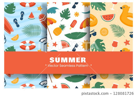 Tropical Summer Seamless Pattern with Beach Elements in Cartoon Flat Style Illustration Tropical Summer Seamless Pattern with Beach Elements in Cartoon Flat Style Illustration 128081726