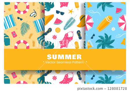 Tropical Summer Seamless Pattern with Beach Elements in Cartoon Flat Style Illustration 128081728