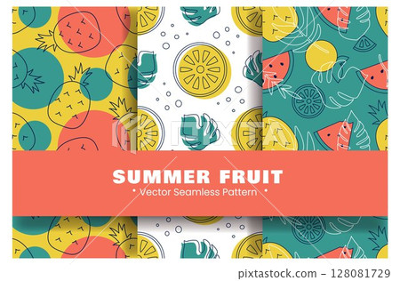 Tropical Summer Seamless Pattern with Beach Elements in Cartoon Flat Style Illustration 128081729