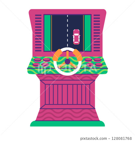 A vibrant vector illustration of a classic arcade video game cabinet screen displaying a racing car with joystick A vibrant vector illustration of a classic arcade video game cabinet screen displaying a racing car with joystick 128081768