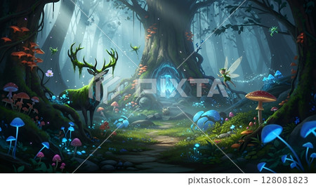 Mysterious fantasy forest with magical light 128081823