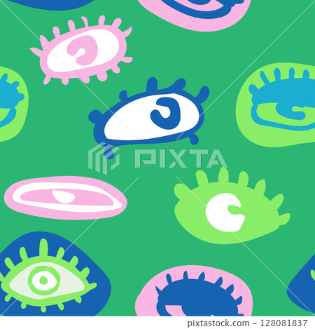 Seamless pattern of abstract colorful eyes with a playful and quirky pop-art style. Great for textile, fashion design, or funky visual backgrounds. 128081837