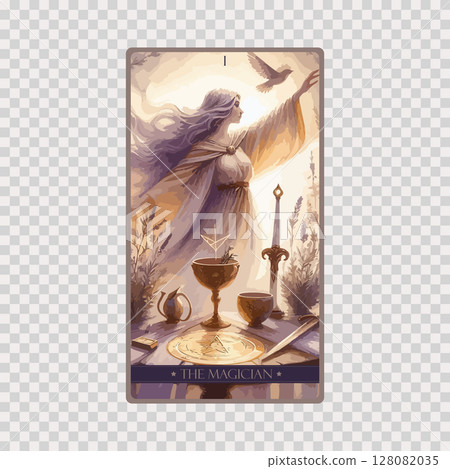 A watercolor Tarot card 'The Magician'.Tarot card colorful deck. Major arcana set part . Occult and alchemy symbolism. A watercolor Tarot card 'The Magician'.Tarot card colorful deck. Major arcana set part . Occult and alchemy symbolism. 128082035