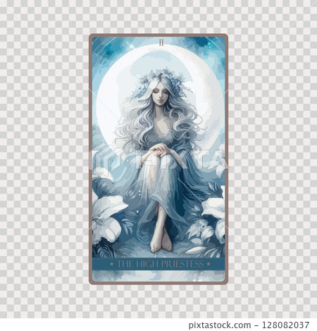 A watercolor Tarot card 'The High Priestess'.Tarot card colorful deck. Major arcana set part . Occult and alchemy symbolism. 128082037