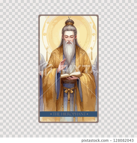 A watercolor Tarot card 'The Hierophant'.Tarot card colorful deck. Major arcana set part . Occult and alchemy symbolism. A watercolor Tarot card 'The Hierophant'.Tarot card colorful deck. Major arcana set part . Occult and alchemy symbolism. 128082043