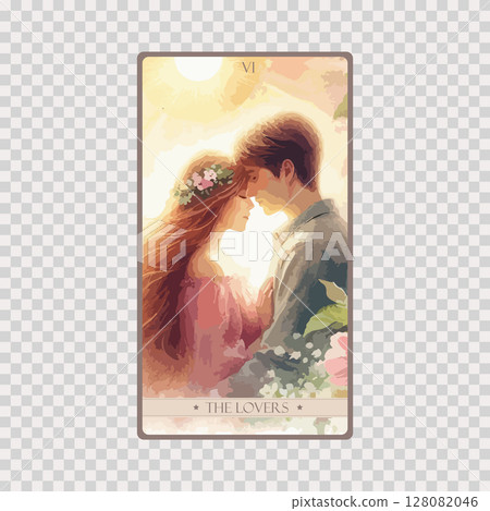 A watercolor Tarot card 'The Lovers'.Tarot card colorful deck. Major arcana set part . Occult and alchemy symbolism. A watercolor Tarot card 'The Lovers'.Tarot card colorful deck. Major arcana set part . Occult and alchemy symbolism. 128082046